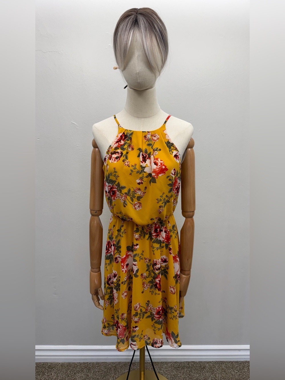 Blue Rain Mustard Yellow Floral Sleeveless Fit & Flare Midi Dress Size S